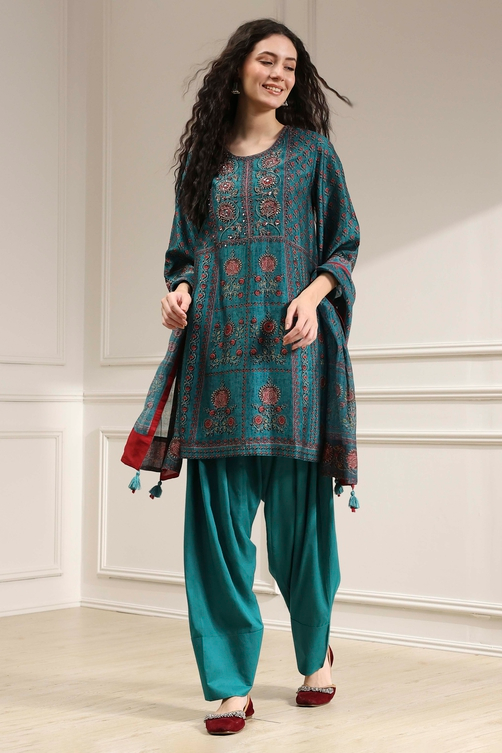 Teal Printed Straight Suit Set